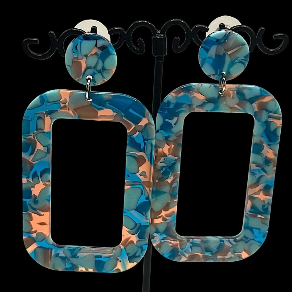 Turquoise Acrylic Dangle Geometric Resin Hoops Earrings!